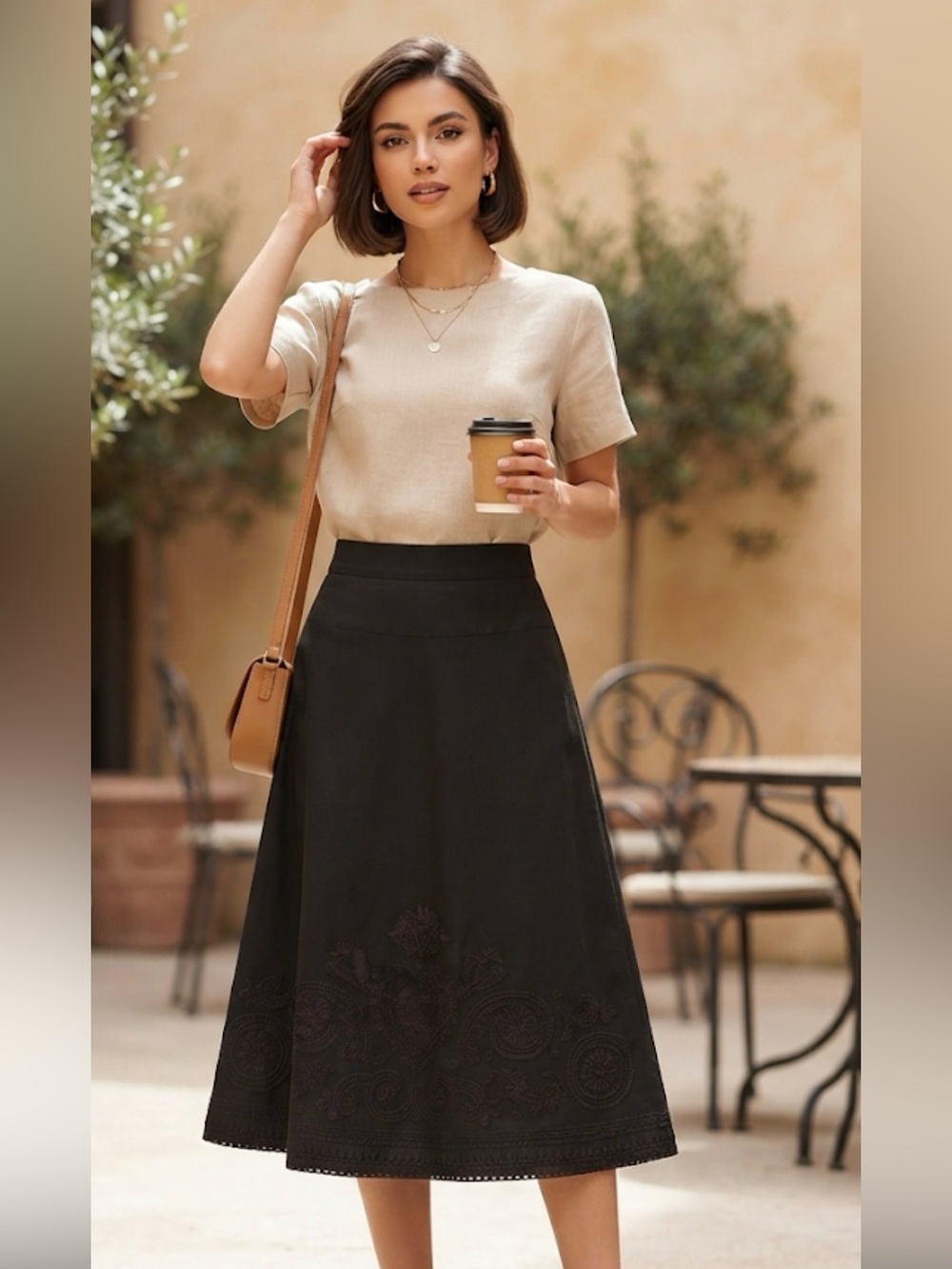 LOFT dark brown A-Line Midi Skirt with Embroidered Hem size 10